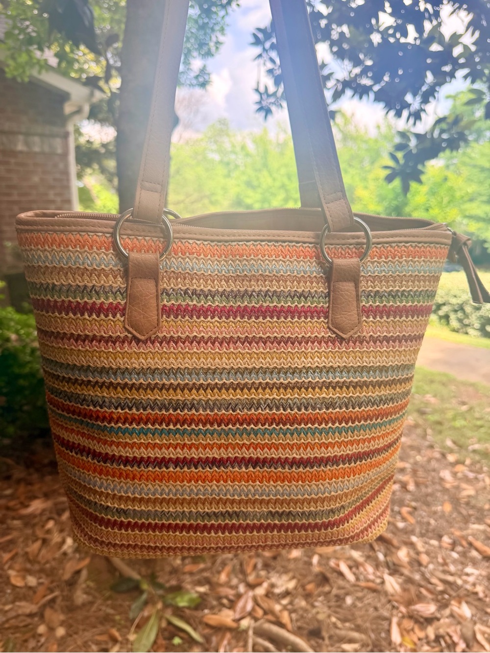 Bueno Multicolor Striped Woven Tote with Tan Handles - Picture 2 of 7